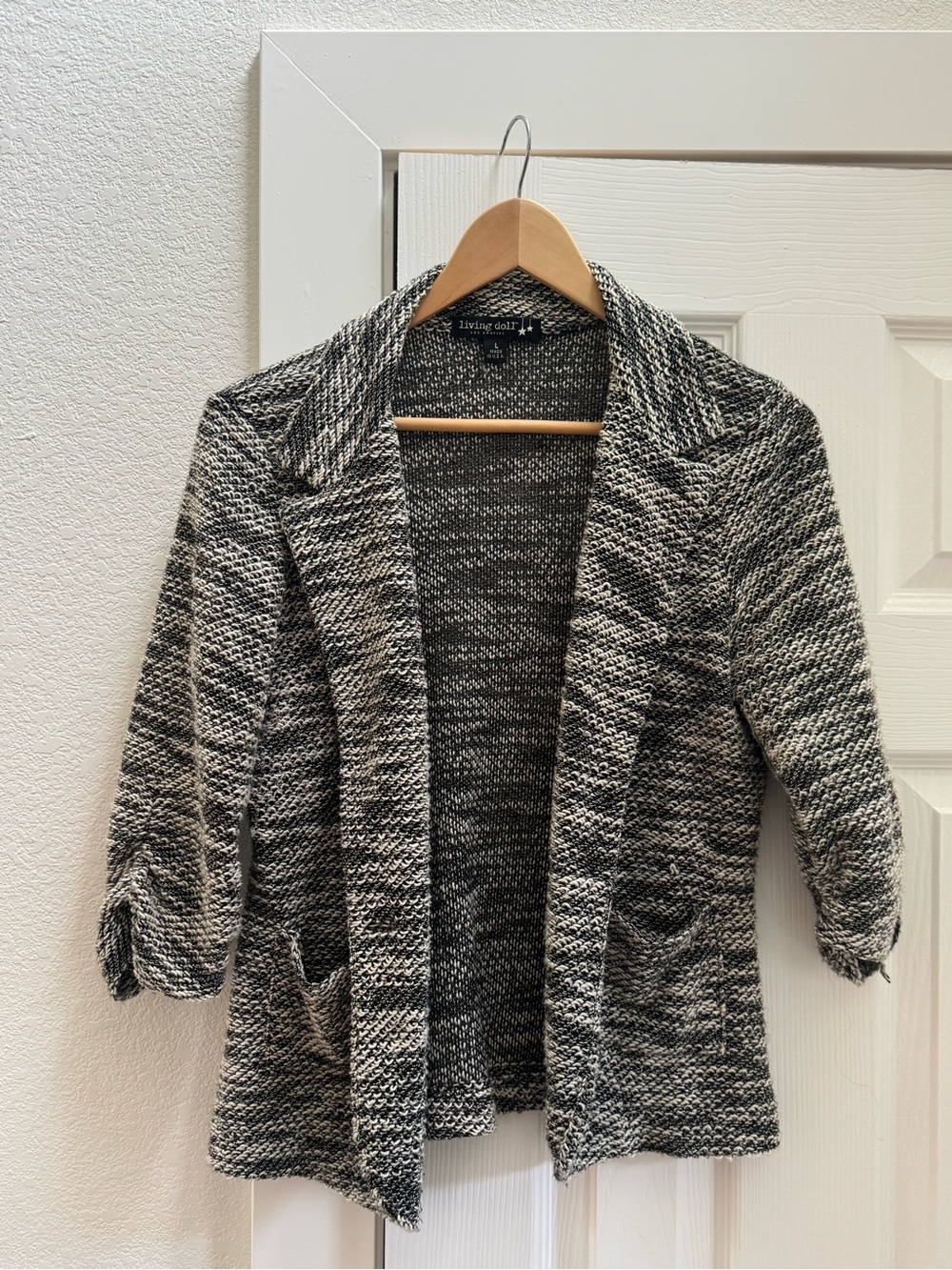 living doll Black & White Marled Open-Front Cardigan
